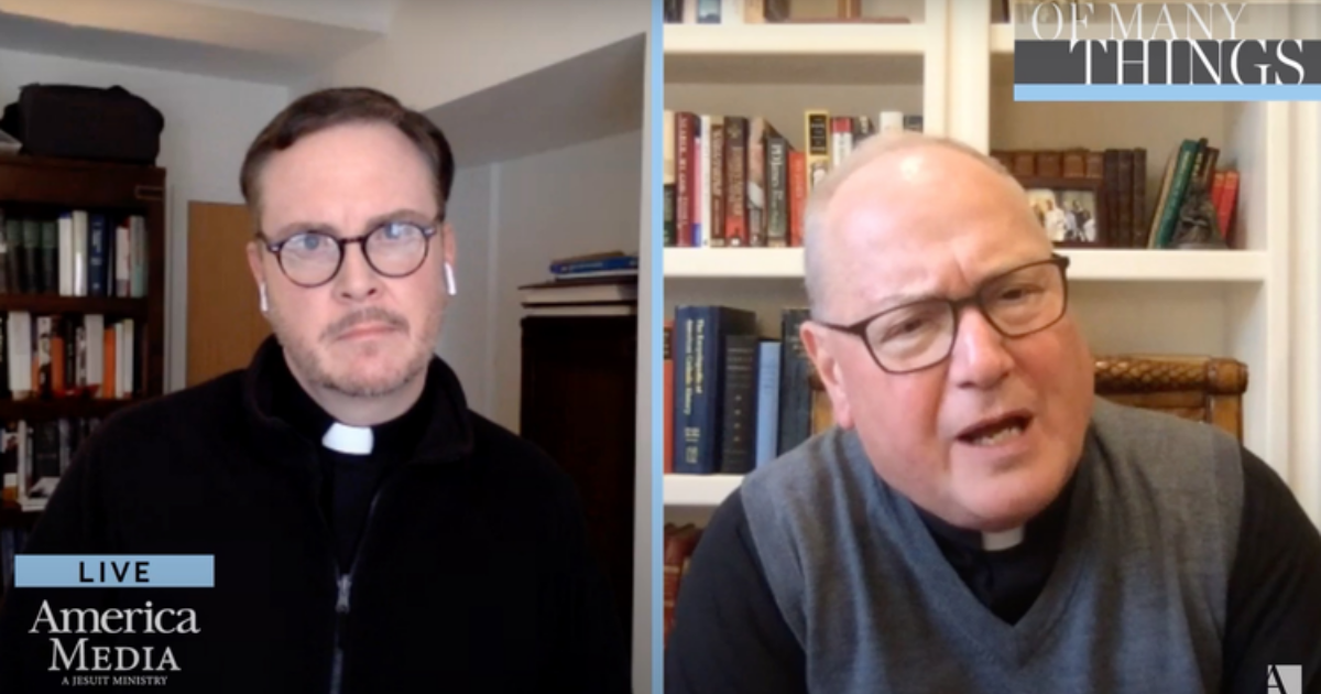 America Editor-in-Chief Matthew Malone, S.J., speaks with New York Cardinal Timothy Dolan on Facebook live on May 1. Screen capture by America Media.