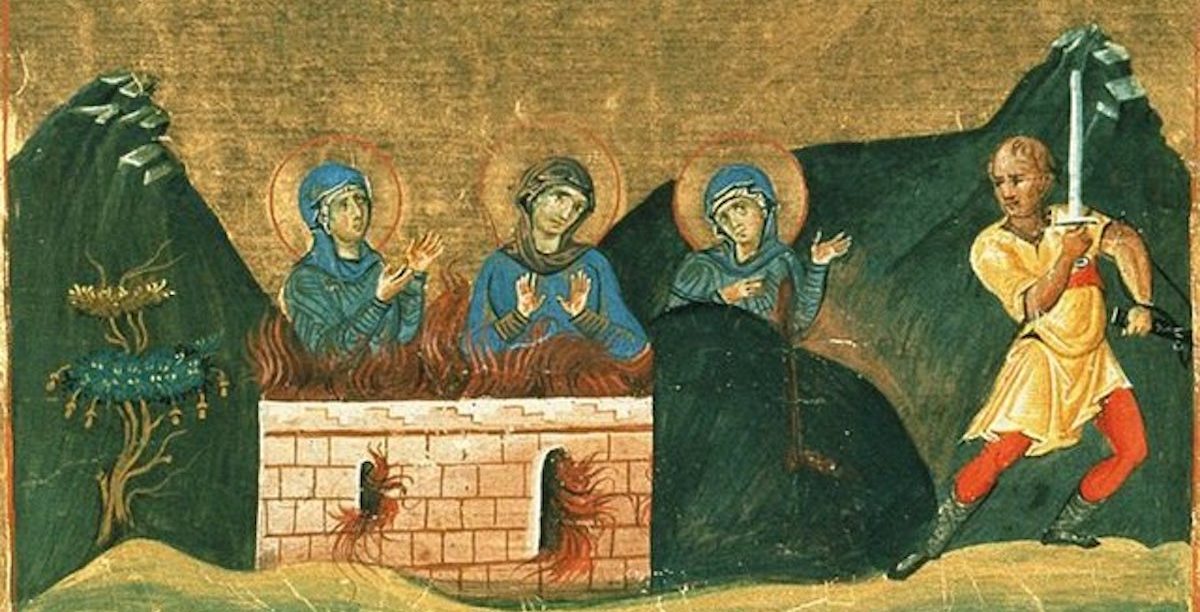 Sta Irene assiste ao martírio das irmãs - miniatura do manuscrito Menológio de Basilio II