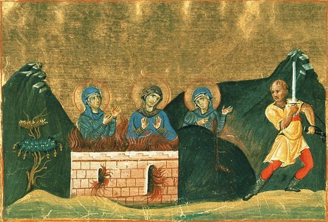 Sta Irene assiste ao martírio das irmãs - miniatura do manuscrito Menológio de Basilio II 
