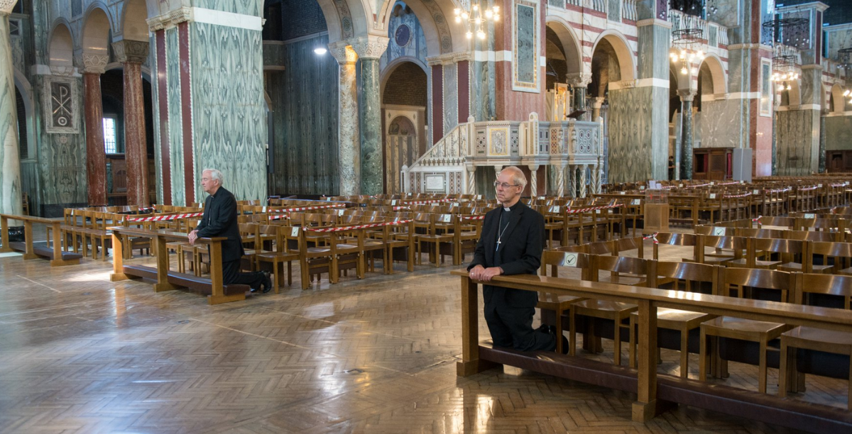 Cardinal Vincent Nichols and Archbishop Justin Welby praying at Westminster Cathedral on the first day of re-opening after COVID-19 shutdown. Photo credit_ Mazur_CBCEW.org.uk _ 15 June 2020 Cardinal Vincent Nichols and Archbishop Justin Welby praying at Westminster Cathedral on the first day of re-opening after COVID-19 shutdown. Photo credit_ Mazur_CBCEW.org.uk _ 15 June 2020
