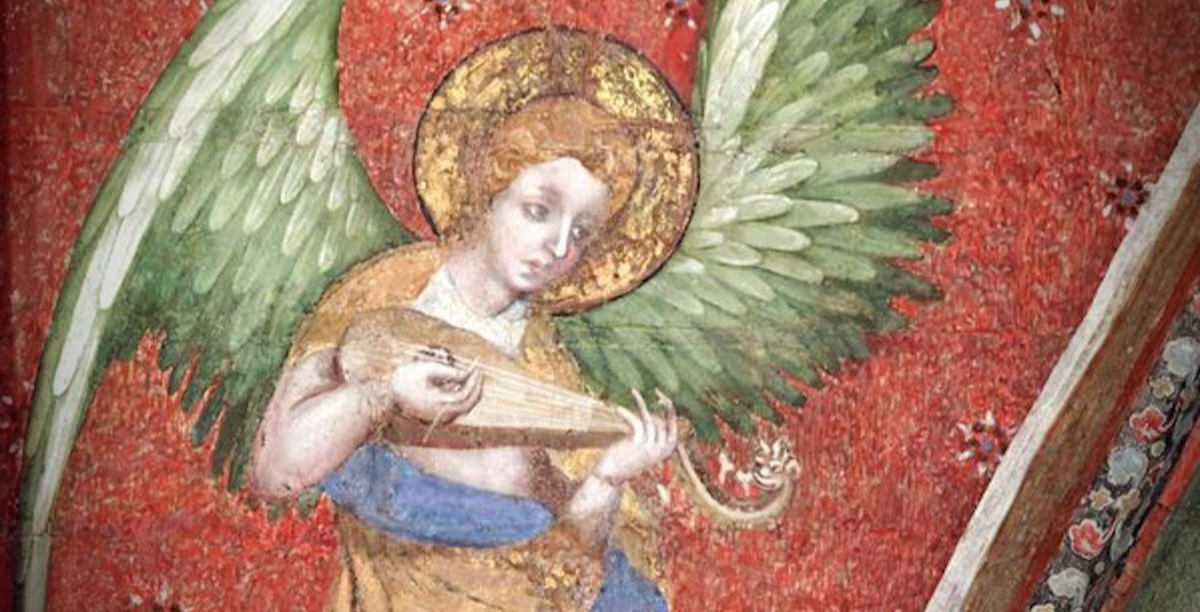 Jean de Bruges (c. 1377), um dos 47 anjos do Instrumentarium da catedral de Mans, na Capela da Virgem Jean de Bruges (c. 1377), um dos 47 anjos do Instrumentarium da catedral de Mans, na Capela da Virgem