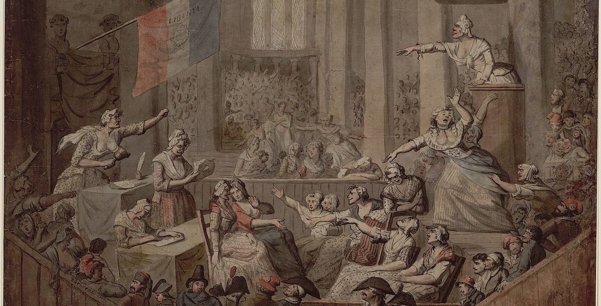 Club_des_femmes_patriotes_dans_une_église Club des femmes patriotes dans une église. Dessin à la plume et encre de Chine, lavis à l'encre de Chine et aquarelle, par Chérieux, 1793. © Bibliothèque nationale de France, Public domain, via Wikimedia Commons.