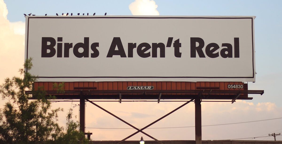 O cartaz original patrocinado pelo movimento Birds Are't Real que foi erguido em Memphis, Tennessee (EUA). Há vários pássaros empoleirados no canto superior esquerdo do outdoor. Foto © Andrewj0131, CC BY-SA 4.0 , via Wikimedia Commons.