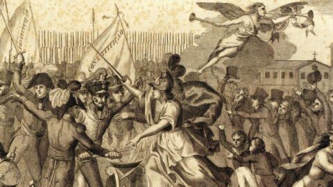 “Da Igreja do Antigo Regime à Igreja na época liberal”: um itinerário Alegoria da Revolução Liberal do Porto (1820): a Liberdade esmaga sob seus pés a tirania e soldados e a população carregam bandeiras pedindo “Constituição”. Imagem reproduzida do site da Biblioteca Geral da Universidade de Coimbra.