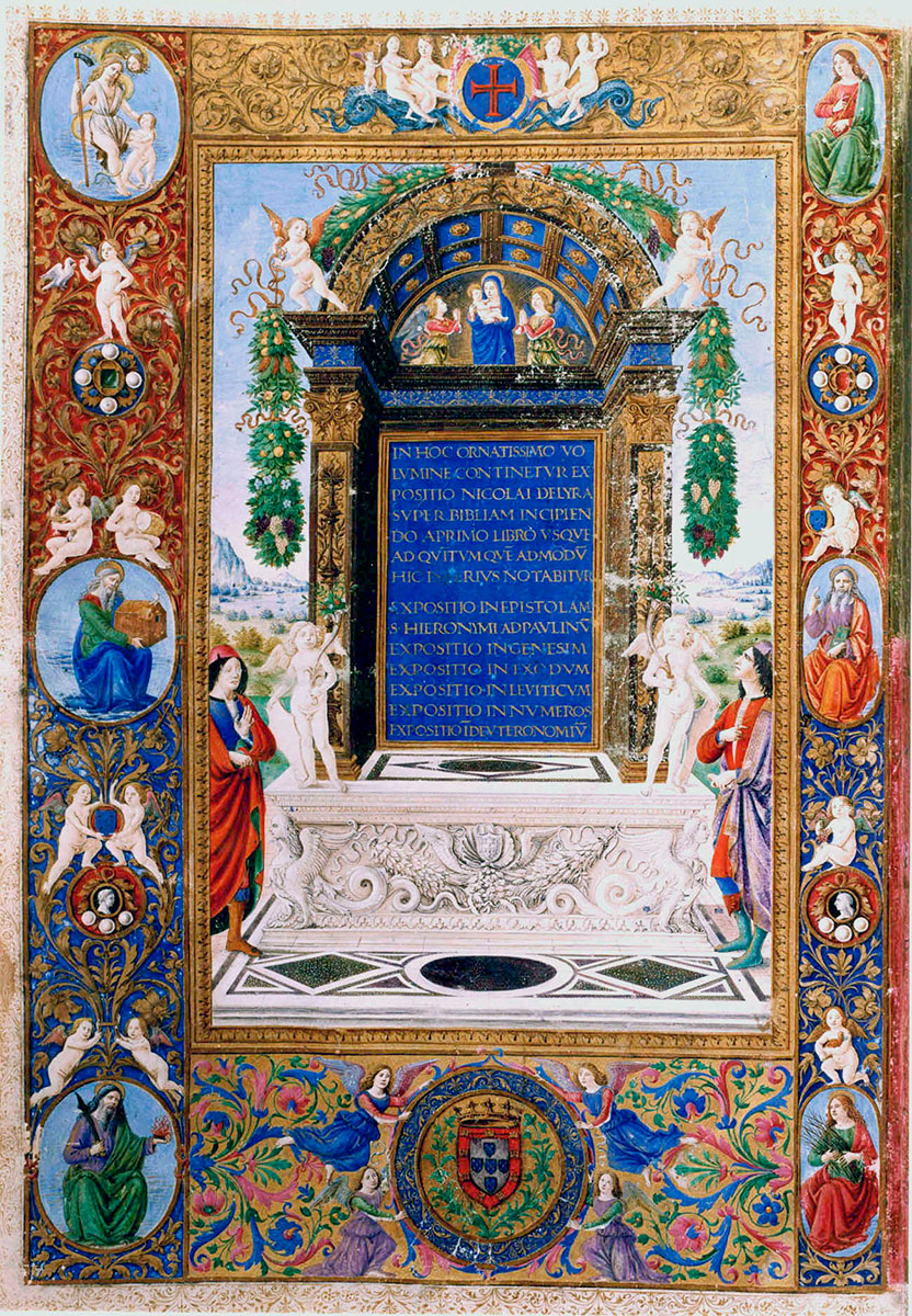 Bíblia dos Jerónimos, século XV, produzida em Florença para o que viria a ser o Rei D. Manuel I de Portugal. Foto © Domínio público, via Wikimedia Commons.  