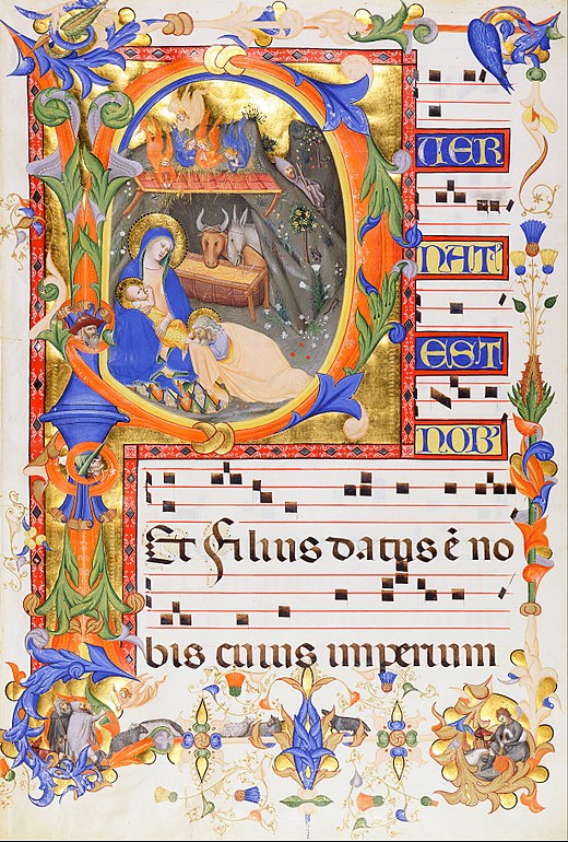 O cântico gregoriano Puer natus est nobis, no manuscrito iluminado por Silvestro dei Gherarducci para Paolo Venier, abade de San Michele em Murano (Veneza, Itália). Florença, ca. 1392–1399. Foto © via Wikimedia Commons.