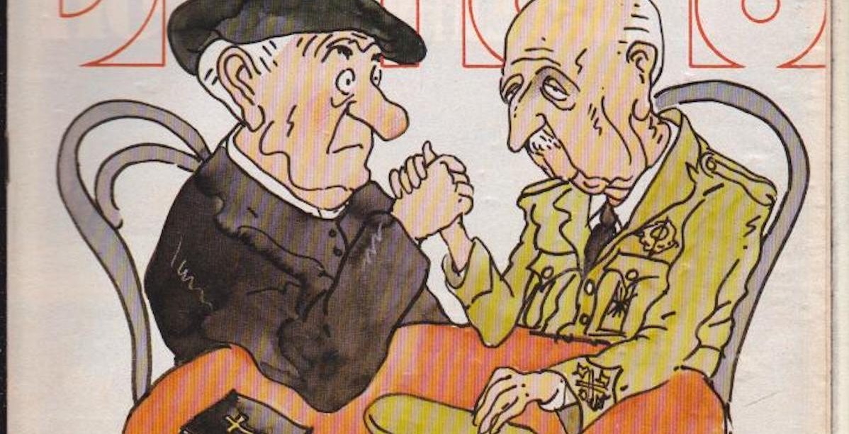 Parte do cartoon na primeira página do Diario16, sobre a mais grave crise entre a Igreja Católica e a ditadura de Franco. Direitos reservados.