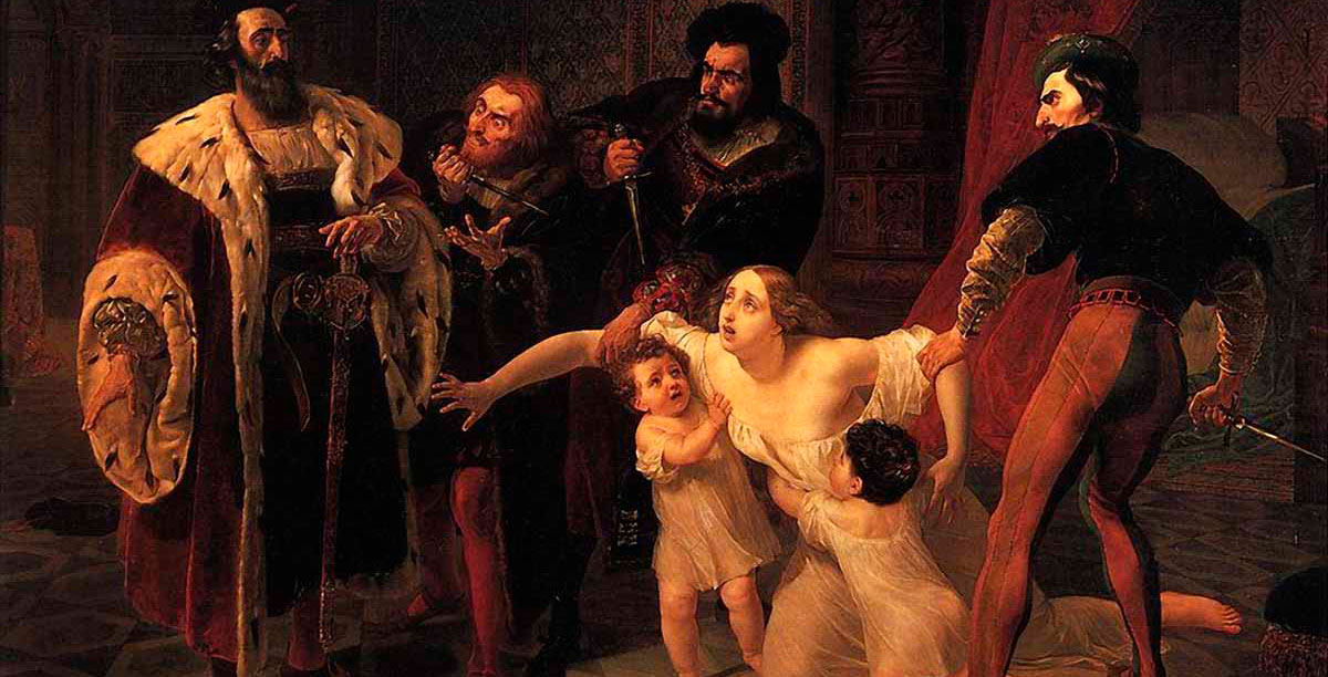 Karl-Briullov, assassinato Inês de Castro Karl Briullov (Rússia), Assassinato de Inês de Castro (1834), obra exposta no Museu Estatal Russo, de São Petersburgo. Reprodução via Wikimedia Commons.