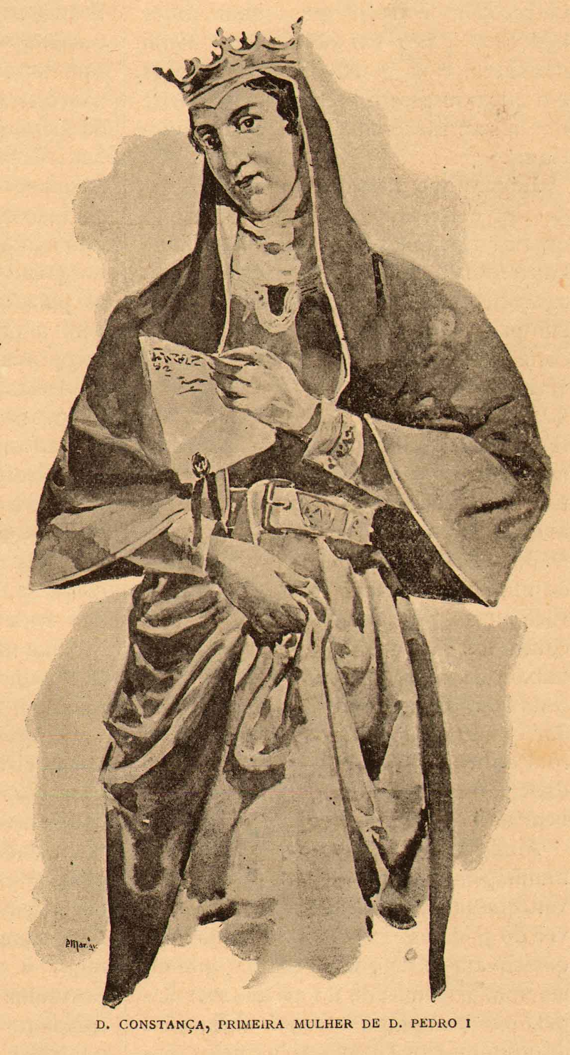 Roque Gameiro, Dona Constança, primeira mulher de D. Pedro. Ilustração incluída na História de Portugal, Popular e Ilustrada, de Manuel Pinheiro Chagas, via Wikimedia Commons.