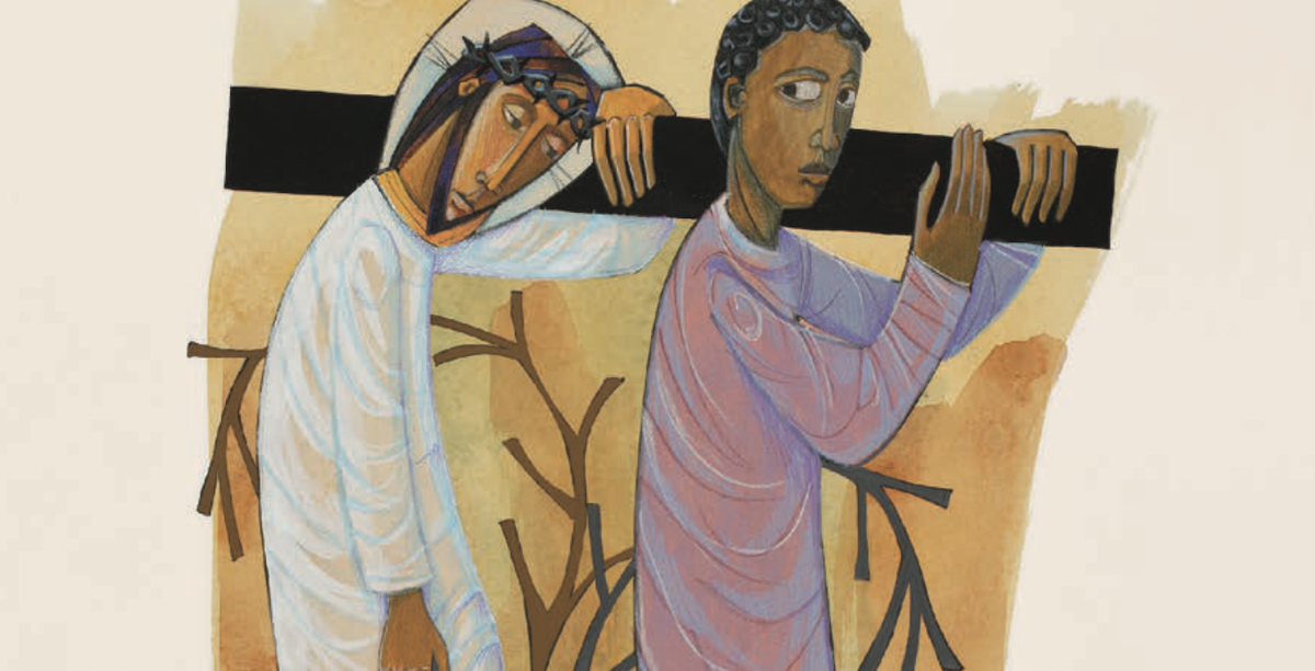 6-1-Imagem Martin Erspamer, osb, monge da Arquiabadia de São Meinrad (EUA), Simão de Cirene a ajudar Jesus a carregar a cruz; ilustração (pormenor) incluída no livro.