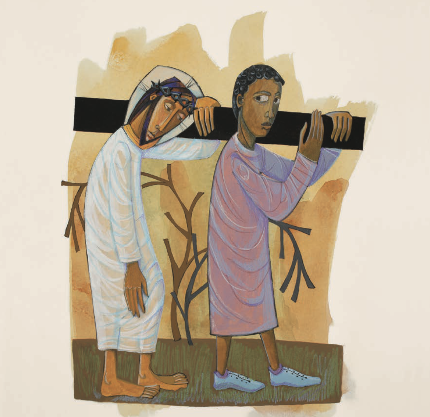 Martin Erspamer, osb, monge da Arquiabadia de São Meinrad (EUA), Simão de Cirene a ajudar Jesus a carregar a cruz; ilustração incluída no livro.