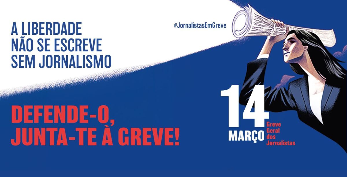 Banner promocional da greve geral de jornalistas, 14 de março de 2024