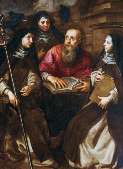 São Jerónimo com os seus discípulos, Santa Paula e Santo Eustáquio. Domínio público, via Wikimedia Commons.