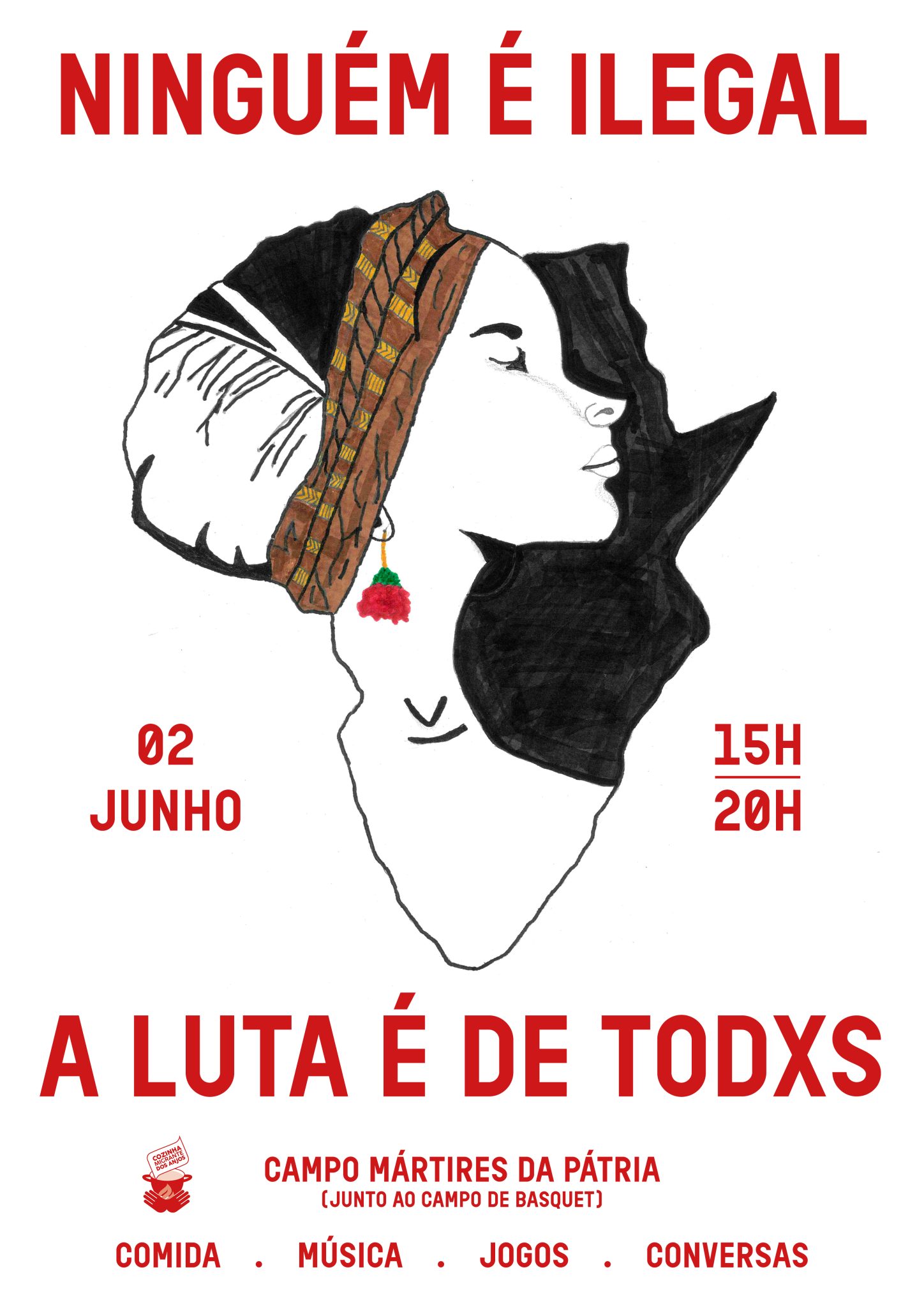 Cartaz do convívio “Ninguém é ilegal”, com ilustração de Souleymane Mbengue, um dos jovens acampados.
