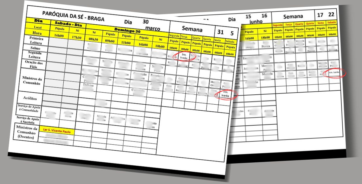 Nos mapas de distribuição de serviços da paróquia da Sé, o nome da “irmã Ivanka” surge regularmente, ora como leitora ora como ministra extraordinária da comunhão. Imagens reproduzidas a partir de um grupo privado no Facebook. 