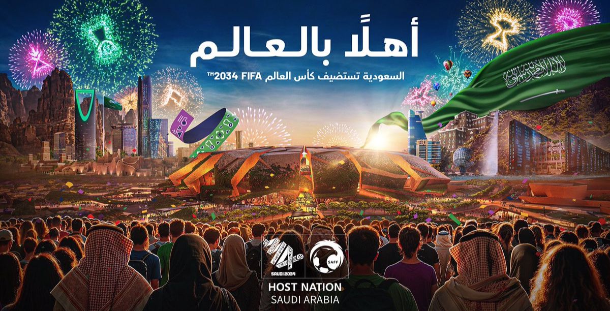cartaz comemoracao Arabia Saudita como anfitria do Mundial 2034