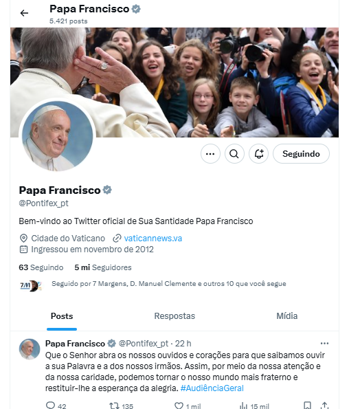 Conta de X do Papa Francisco