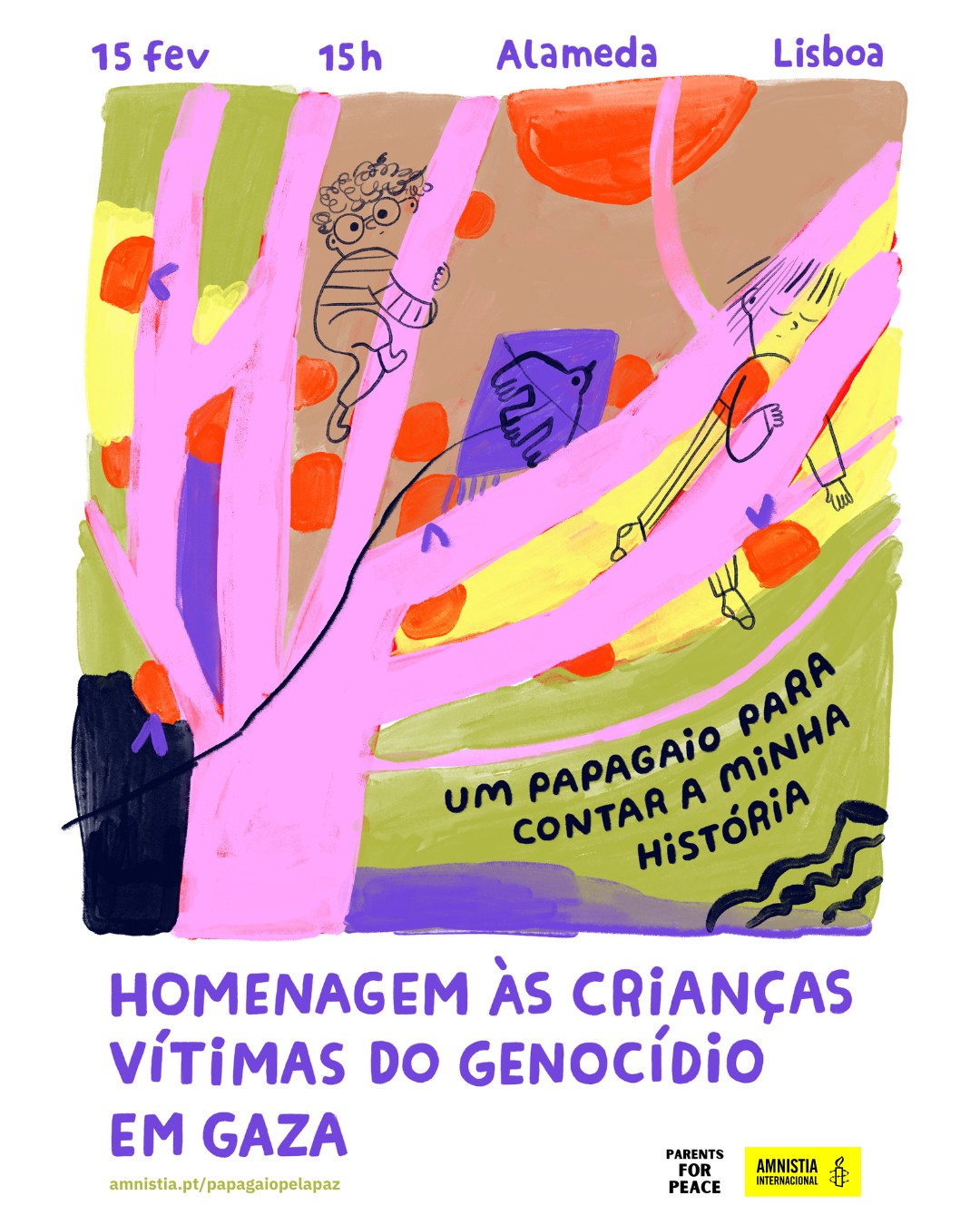 Cartaz Amnistia Internacional ação 15 fevereiro 2025