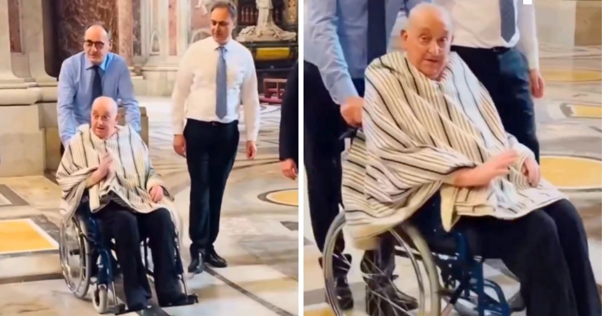 Papa Francisco durante a sua curta visita à Basílica de São Pedro, na tarde de quinta-feira, 10 de abril. Imagens reproduzidas a partir do vídeo de @cruxstationalis