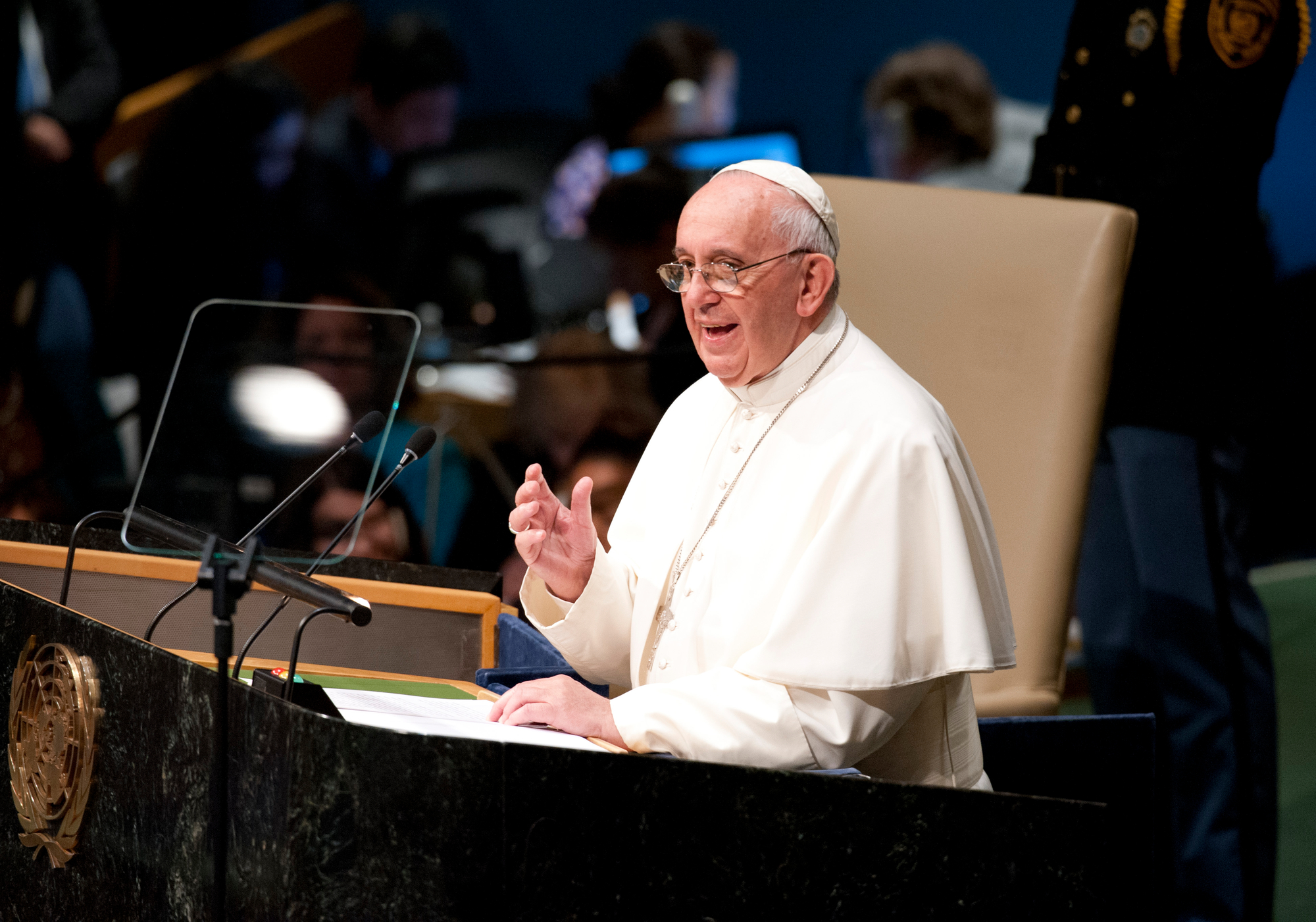 Papa Francisco discursa na assembleia geral das Nações Unidas, em 2015. Foto ONU a