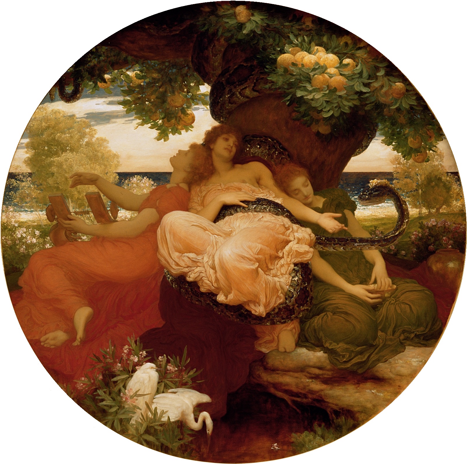 Frederic Leighton, O Jardim das Hesperides (c. 1892): a morada das ninfas ou deusas que passeavam pelos céus, encarregando-se de iluminar o mundo com a luz da tarde. 