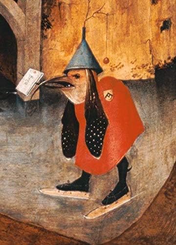Um pássaro com uma carta, pormenor do painel esquerdo de "As Tentações de Santo Antão" (1505-1506), de Hieronymus Bosch. Imagem © Hieronymus Bosch, Domínio público, via Wikimedia Commons.