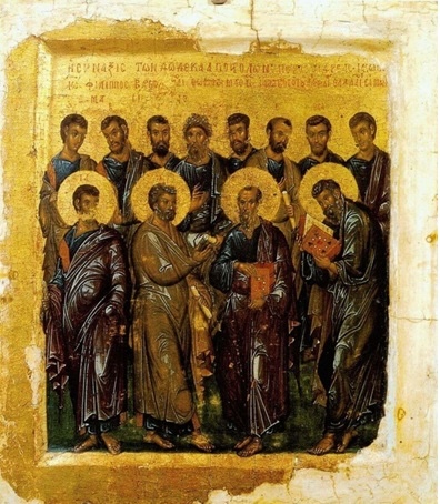 A Sinaxis dos Doze Apóstolos, Rússia, século XIV, Museu de Moscovo, ícone, pintura, arte