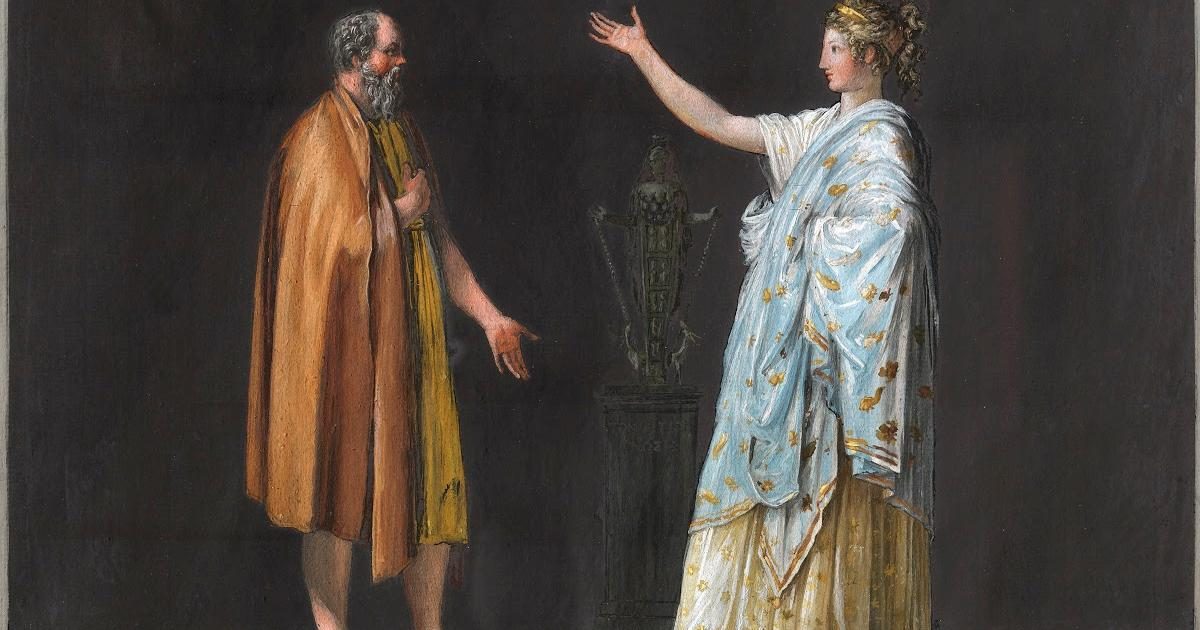 A filosofia personificada como uma mulher com Sócrates. Pintura de Antonio Canova, Public domain, via Wikimedia Commons.