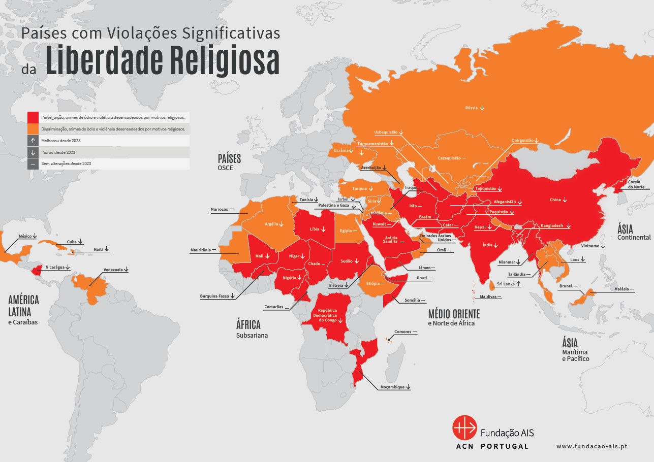 Países onde há violações da liberdade religiosa, de acordo com o relatório da Fundação AIS.