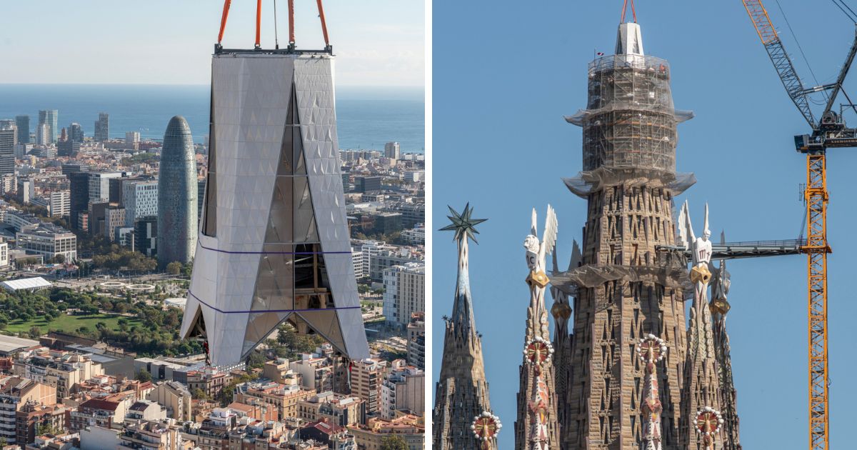 colocada a primeira parte da cruz da torre de Jesus Cristo da Sagrada Família. Foto La Sagrada Familia