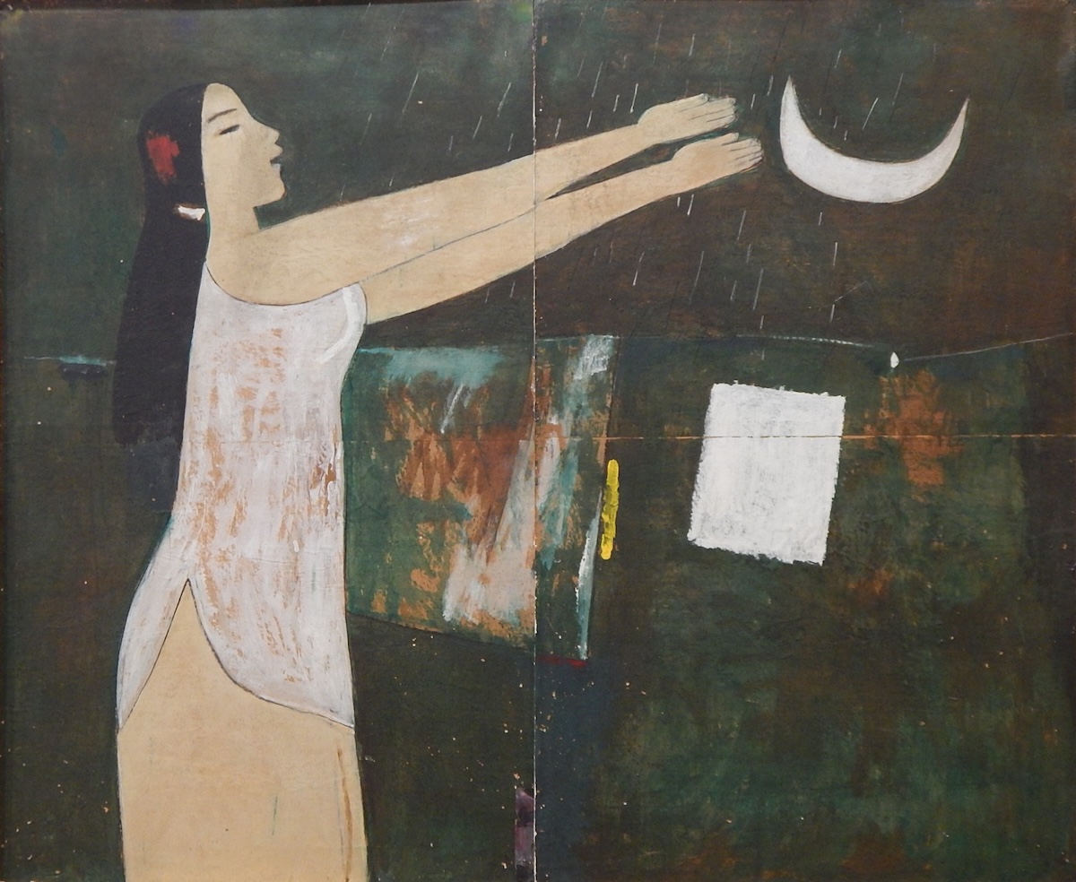 Pintura de Lê Công Thành (1932-2019), renomado escultor e pintor vietnamita, considerado uma das vozes mais distintas na escultura moderna vietnamita. Conhecido por suas representações refinadas de mulheres como símbolos de vida, equilíbrio e “beleza terna, inocente, com um toque de santidade”. A sua obra combina a estética oriental com uma profundidade humanista, incorporando clareza, graça e um poder silencioso.