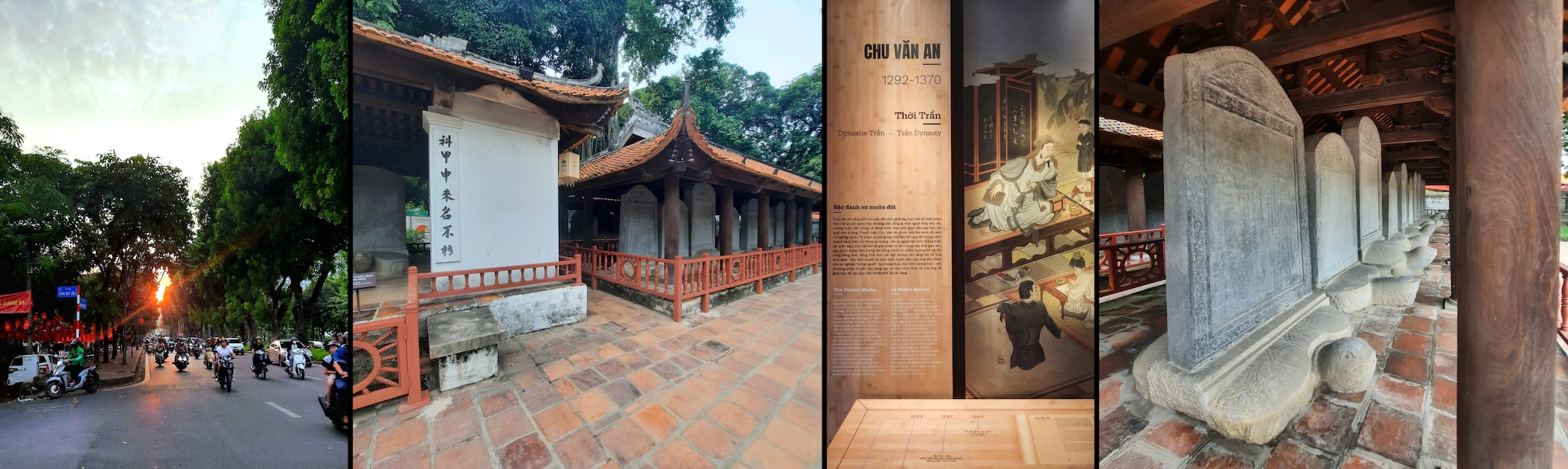 Hanói (Vietname), Outubro de 2025: uma rua da cidade; o Templo da Literatura; um painel ilustrativo da vida de Chu Văn An, dedicada ao ensino; lápides dos túmulos dos sábios ancestrais no Templo da Literatura que repousam em cima da tartaruga, símbolo da longevidade, sabedoria e solidez moral. Foto © Pero Joséres.