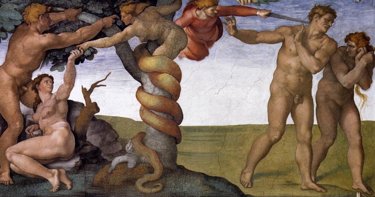 MA Michelangelo, Adão e Eva expulsos do Paraíso. Imagem: Public domain, via Wikimedia Commons.