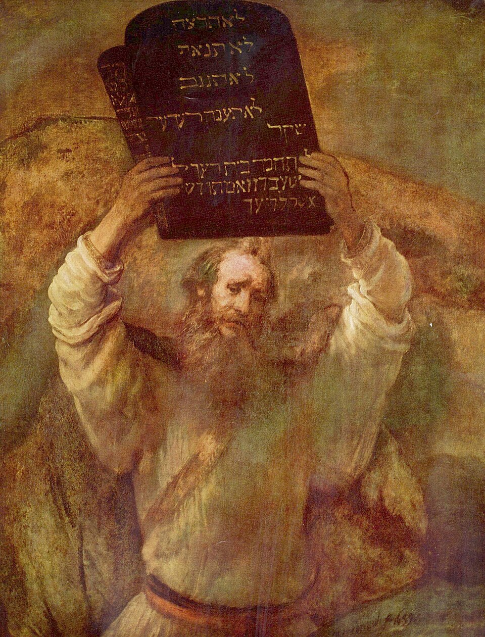 Rembrandt (1606–1669), Moisés com as Tábuas da Lei. Rembrandt, Public domain, via Wikimedia Commons.