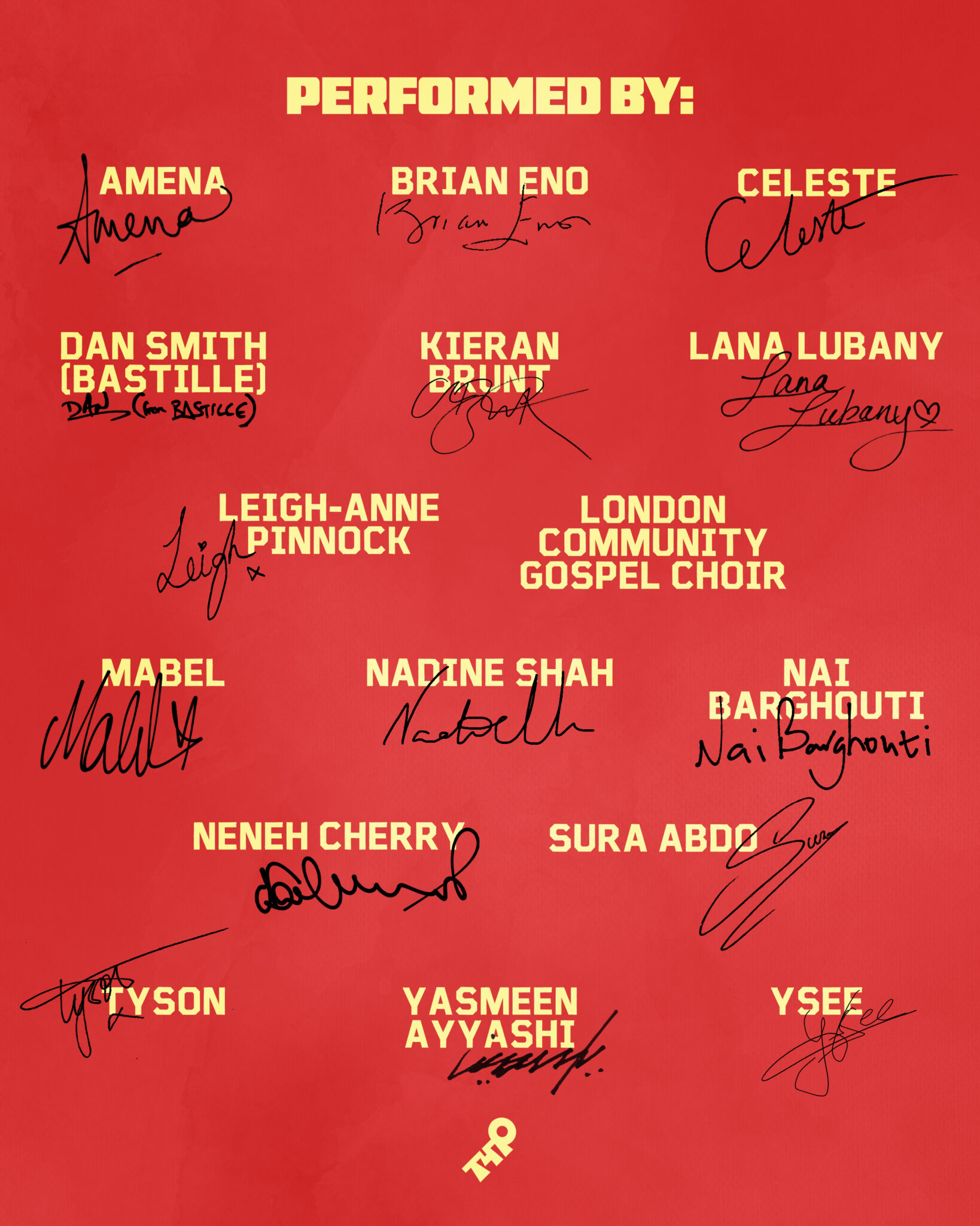 Imagem das assinaturas dos artistas que fizeram Lullaby, que resulta de um projeto da Together for Palestine. 