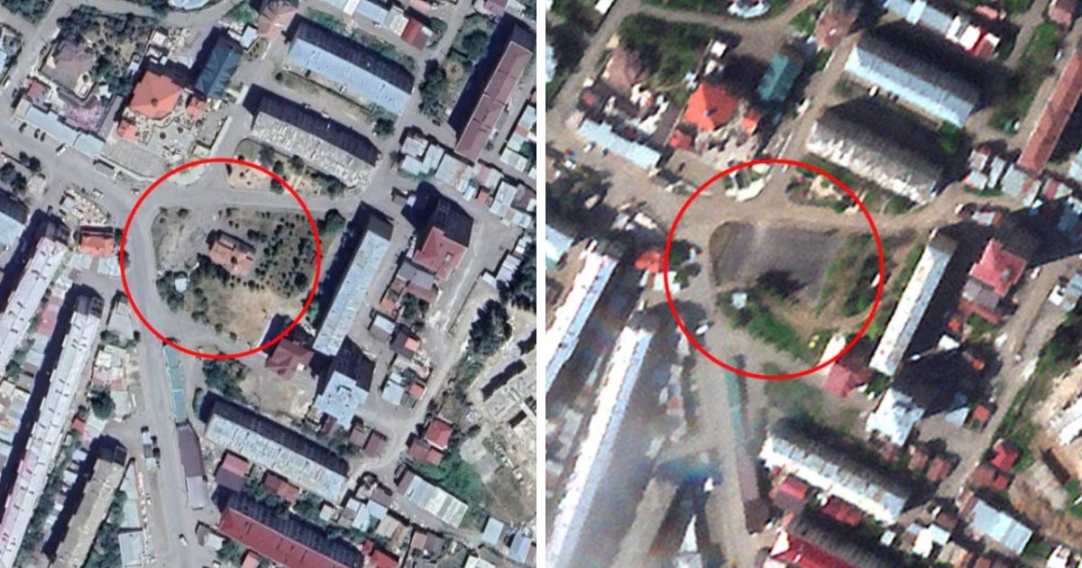 Imagens de satélite mostram o desaparecimento da igreja de São Jacob, em Nagorno-Karabakh. Foto RFERL Imagens de satélite mostram o desaparecimento da igreja de São Jacob, em Nagorno-Karabakh. Foto RFERL