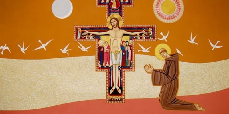 Representação do diálogo de Francisco de Assis com o Crucifixo de São Damião. Imagem: Direitos reservados.