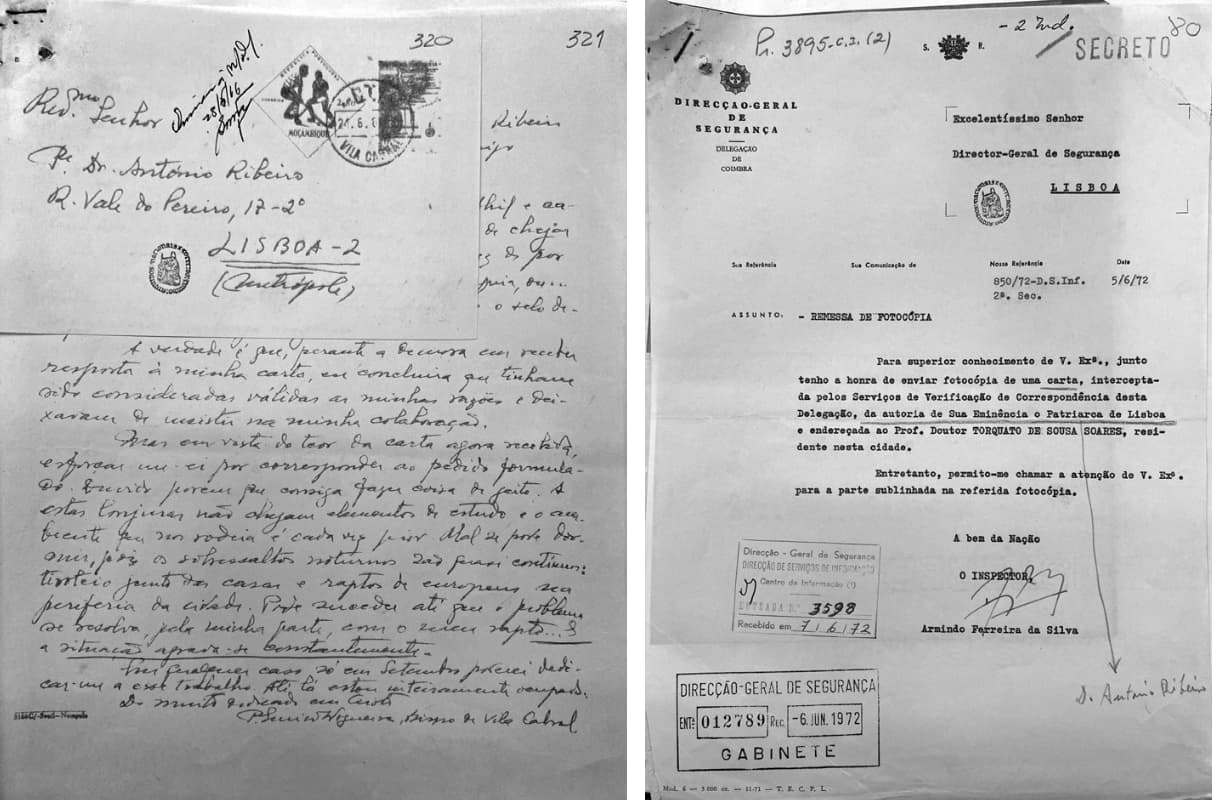 À esquerda, carta de D. Eurico Dias Nogueira, bispo de Vila Cabral (Moçambique), dirigida em 1966 ao padre António Ribeiro e apreendida pela PIDE. À direita, ofício da delegação da DGS de Coimbra, de 1972, sobre a apreensão de uma carta do cardeal endereçada ao prof. Torquato de Sousa Soares. Fotos do Arquivo PIDE/DGS-Torre do Tombo, reproduzidas no livro. Histórias da PIDE José Pedro Castanheira