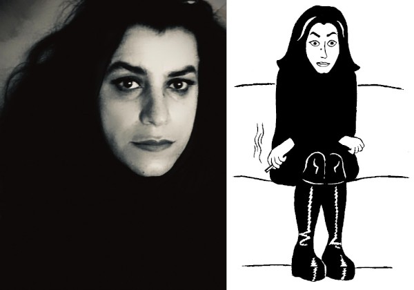 Marjane, numa foto do marido, Mattias, e um autorretrato da própria autora. banda desenhada Marjane Satrapi