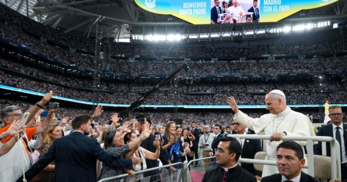 Papa Leão no Estádio Santiago Bernabeu, Madrid, 8 junho 2026. Foto Vatican Media