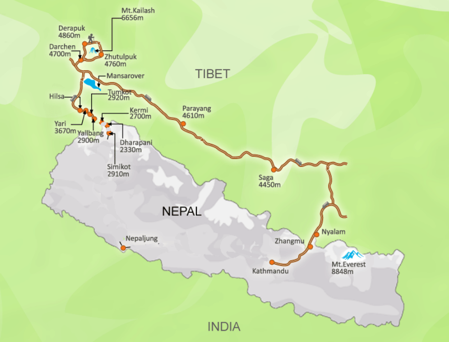 Mapa de percursos até ao monte Kailash. Imagem reproduzida a partir do site Peregrine Treks