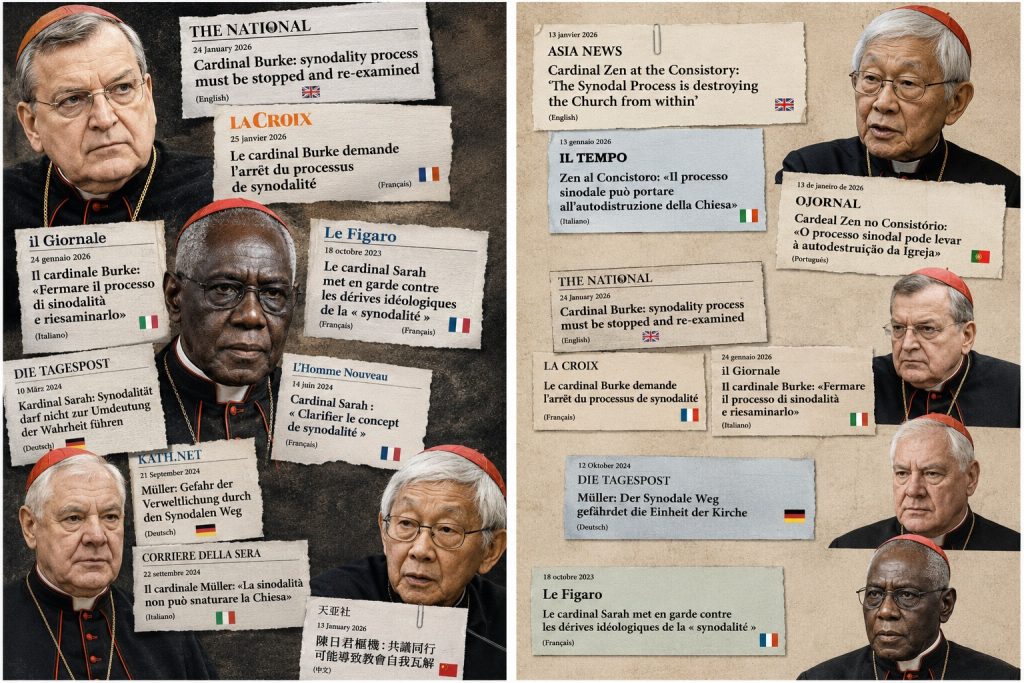 Nos últimos meses multiplicaram-se as tomadas de posição de crítica aberta do processo sinodal, de alguns cardeais da linha mais conservadora da Igreja Católica (imagem construída por IA, a partir de títulos de imprensa reais).