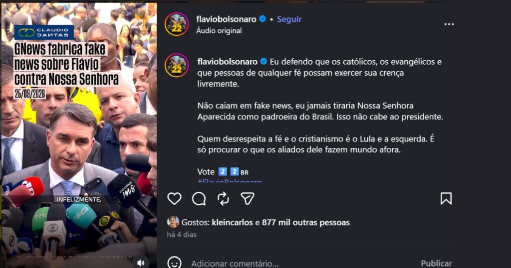 Publicação de Flávio Bolsonaro na sua conta de Instagram sobre a polémica