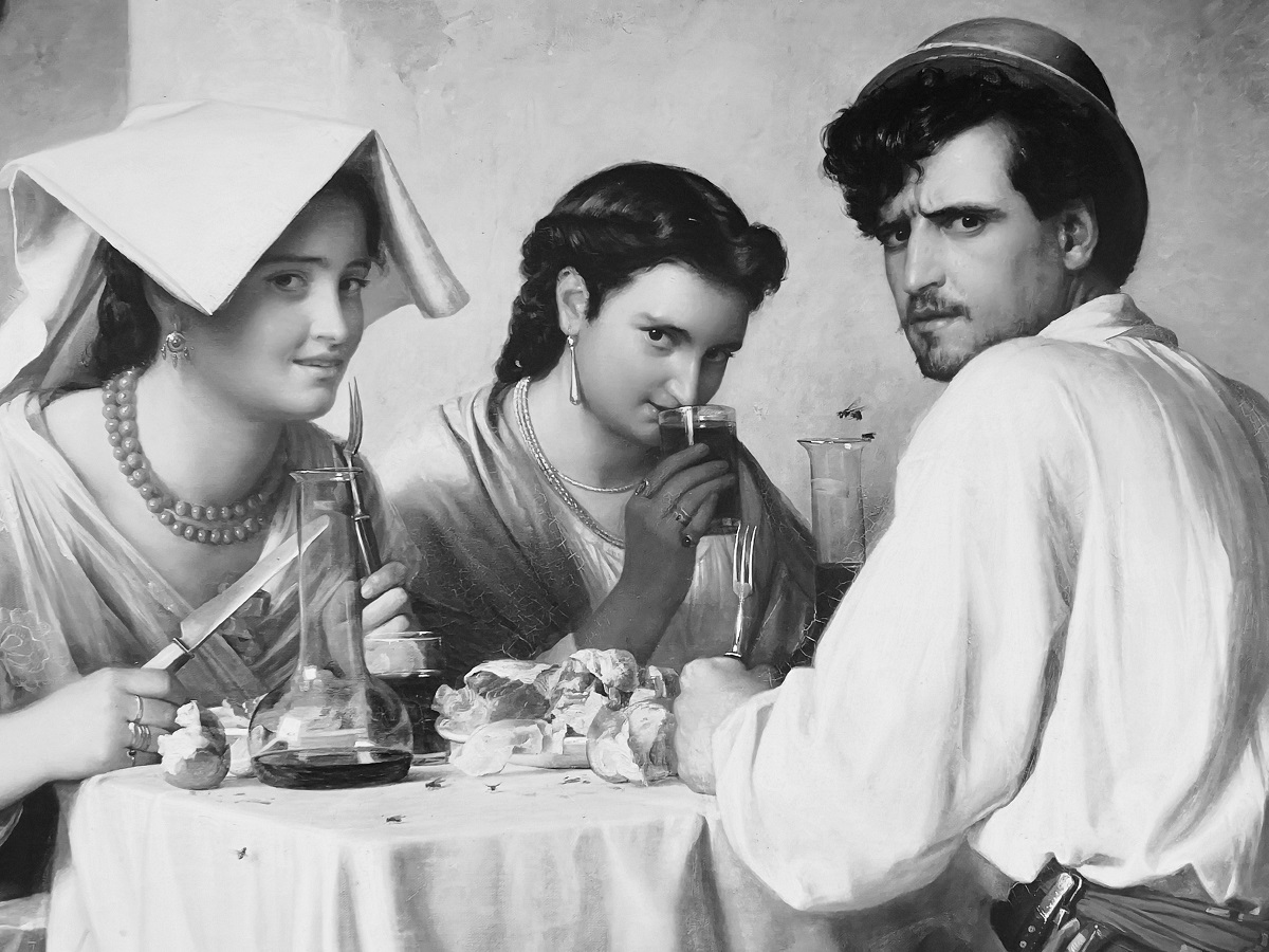 Detalhe da pintura, a preto e branco, «In a Roman Osteria (1866), de Carl Bloch (1834-1890).